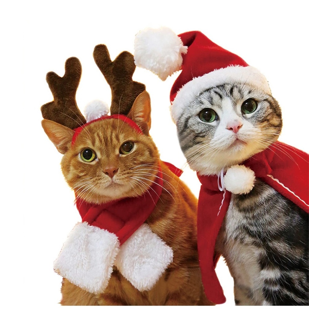 Christmas Pet Costume Set Reindeer Antlers Santa Hat Scarf  for Dog Cat 4 Pack
